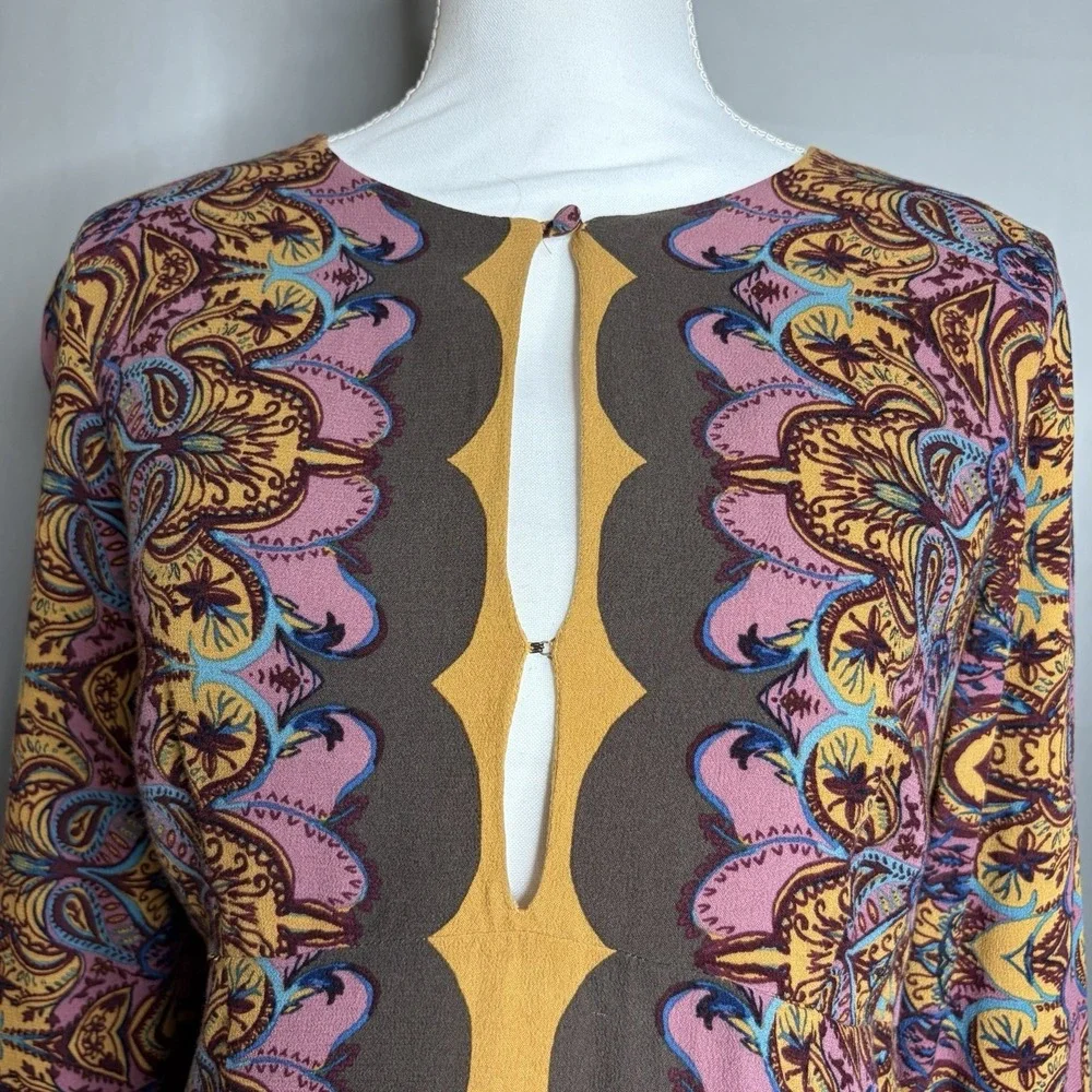Free People Ossie Vibes Tunic Dress 10 Purple Brown Floral Bell Sleeve Mod Mini